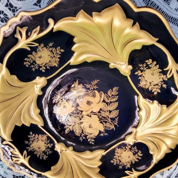 Vintage Jetta Cobalt Blue Gold Leaf Round Platter Bowl w/stand WEIMAR PORCELAIN - Picture 5 of 11